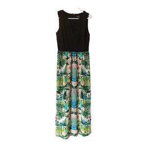 Nicole Miller Black and Tropical Print Maxi Dress